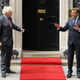 Prime Minister, Boris Johnson greets French President, Emmanuel Macron while keeping a social distance at Number 10 Downing Street on June 18, 2020.